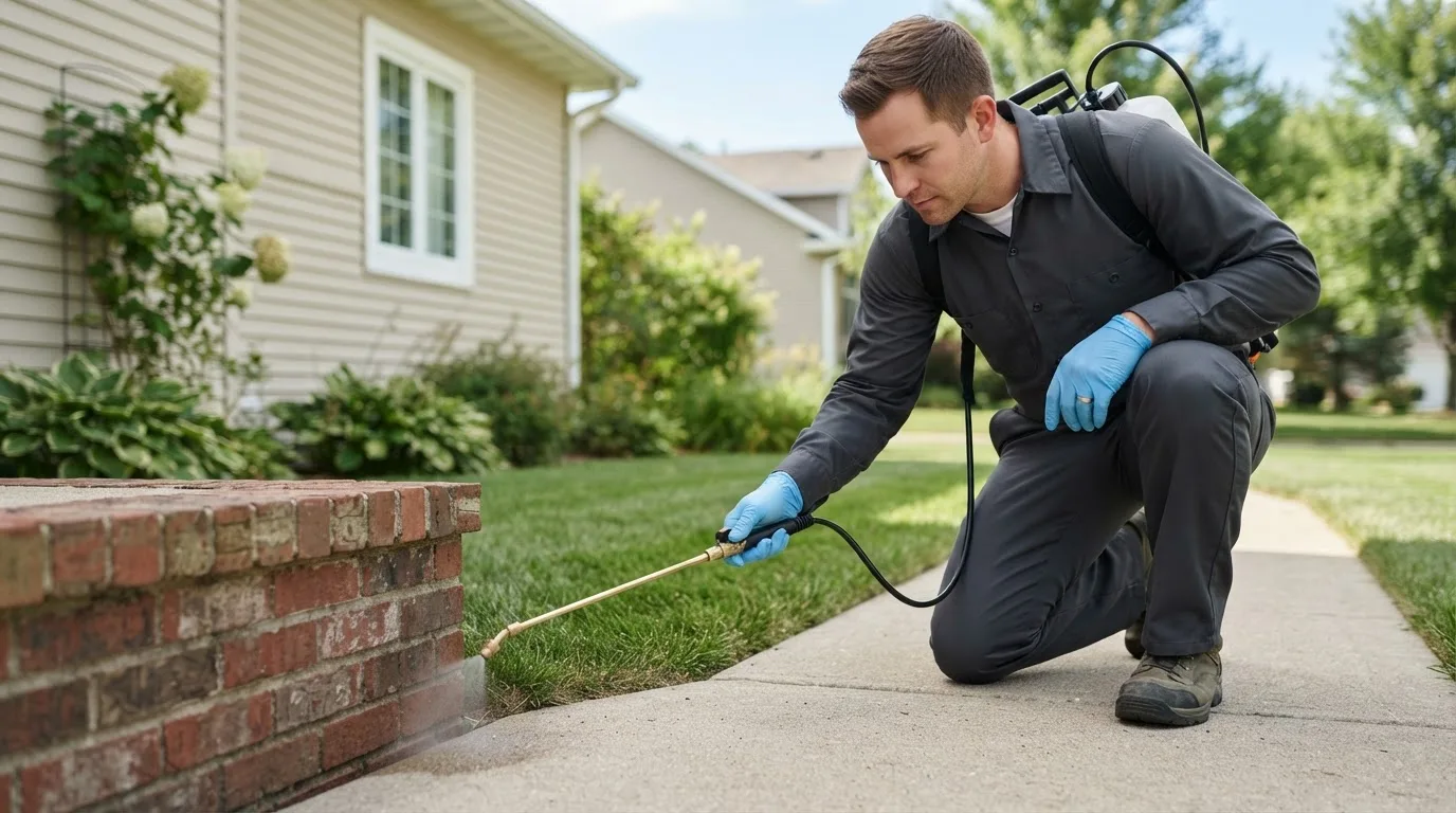 Pest control technician treating a home near Tibbie, AL